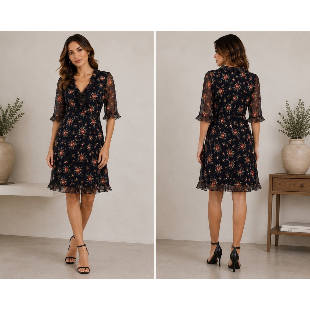Donna Ricco Floral Midi Dress Size 10P Feminine Ruffle Dainty Modest Sheer